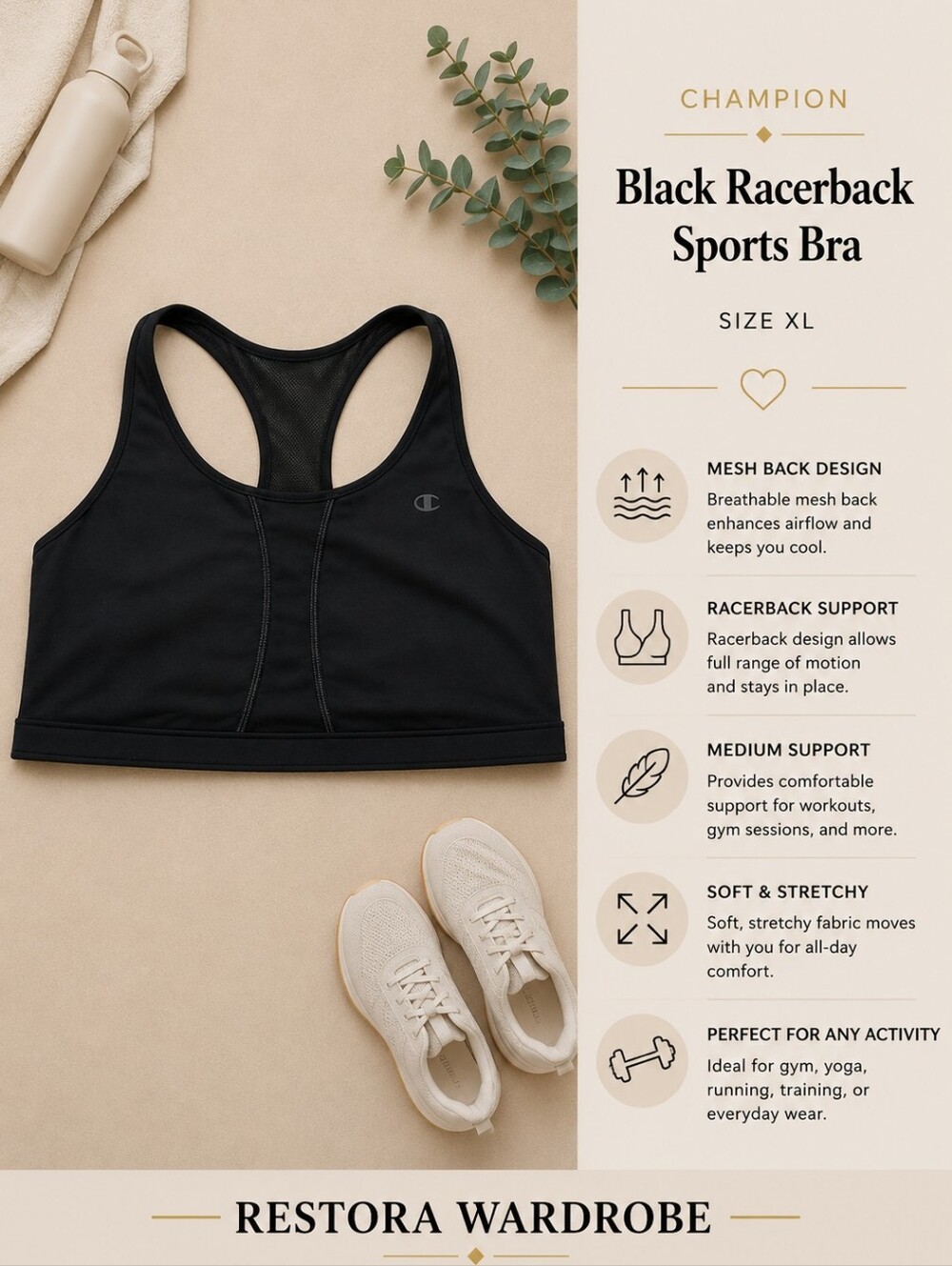 Champion Black Mesh Racerback Sports Bra Medium Support Est XL